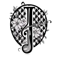 dogtooth pattern incorporating elements music note flowers small jazz instruments script swirls J tattoo design idea
