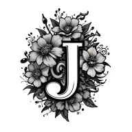 dogtooth pattern incorporating elements music note flowers small jazz instruments script swirls J tattoo design idea