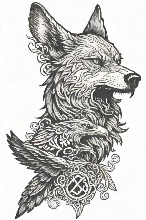 wolf head and Raven flying tattoo design idea