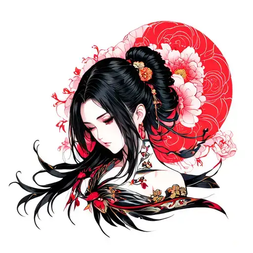 Demond Slayer Nezuko design with a pronounced neckline and sensual look. Quite color. tattoo design idea