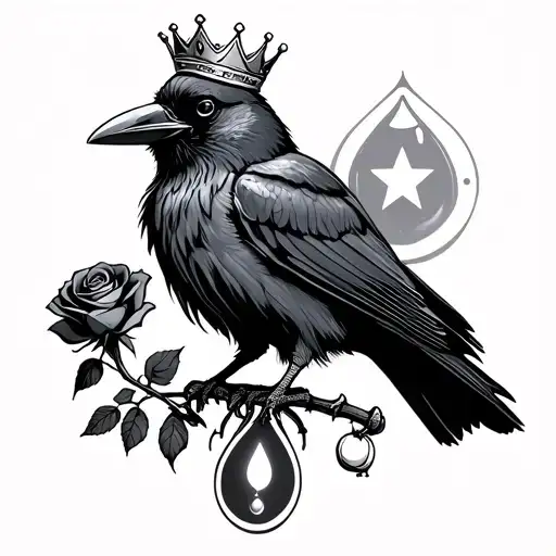 crow wearing crown holding rose in feet with a wishbone and a teardrop with a star in it tattoo design idea