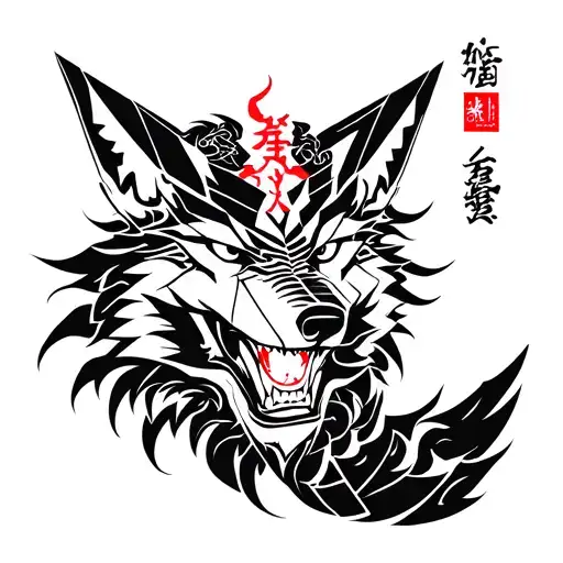 broken mask of Demon Oni with an origami style wolf in tattoo design idea