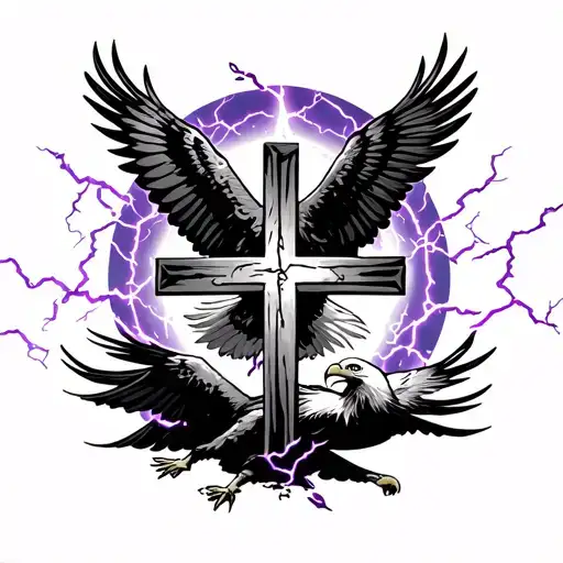 purple lightning storm clouds with eagles flying through and a big cross at the centre of the image tattoo design idea