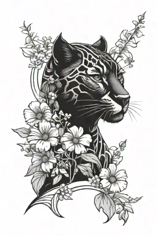 black panther,lunar,Daisy ,sweet pea flowers,blue tattoo design idea