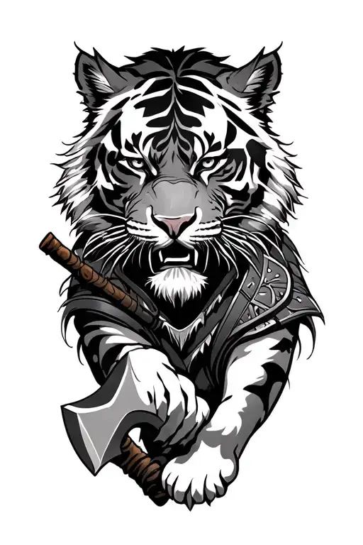 warrior with an axe mixed with a tiger tattoo design idea