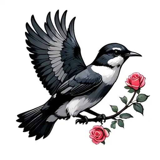 swallow bird flying with rose beak tattoo design idea