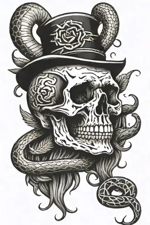 broken skull with horns and snakes tattoo design idea