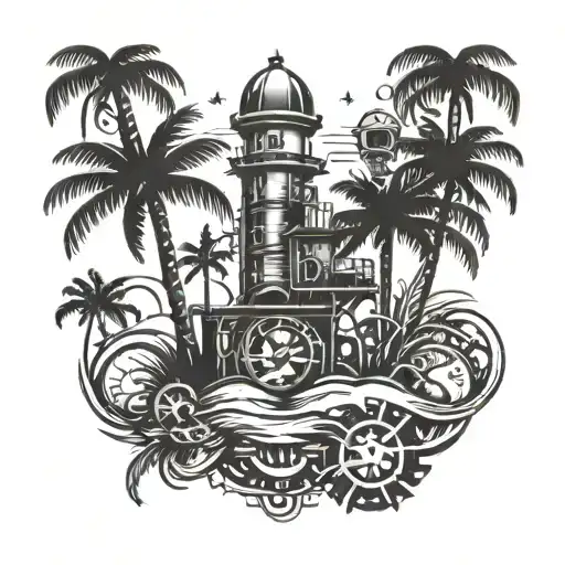 A mechanical engineer themed tattoo incorporating palm trees and beach elements tattoo design idea