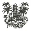 A mechanical engineer themed tattoo incorporating palm trees and beach elements tattoo design idea