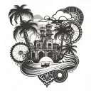 A mechanical engineer themed tattoo incorporating palm trees and beach elements tattoo design idea