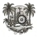 A mechanical engineer themed tattoo incorporating palm trees and beach elements tattoo design idea