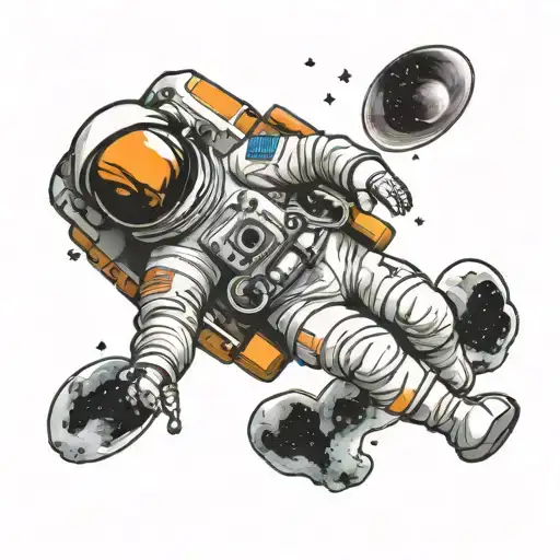 astronaut floating in space and universe background minimalist realistic  tattoo design idea