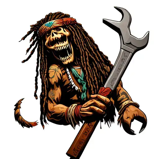 gangsta dread locks Native American holding wrench tattoo design idea