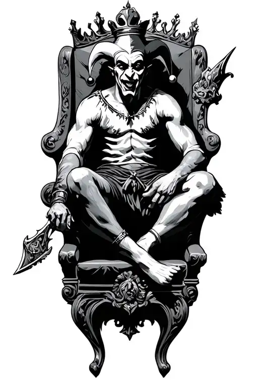 evil court jester sitting on a kings thrown tattoo design idea