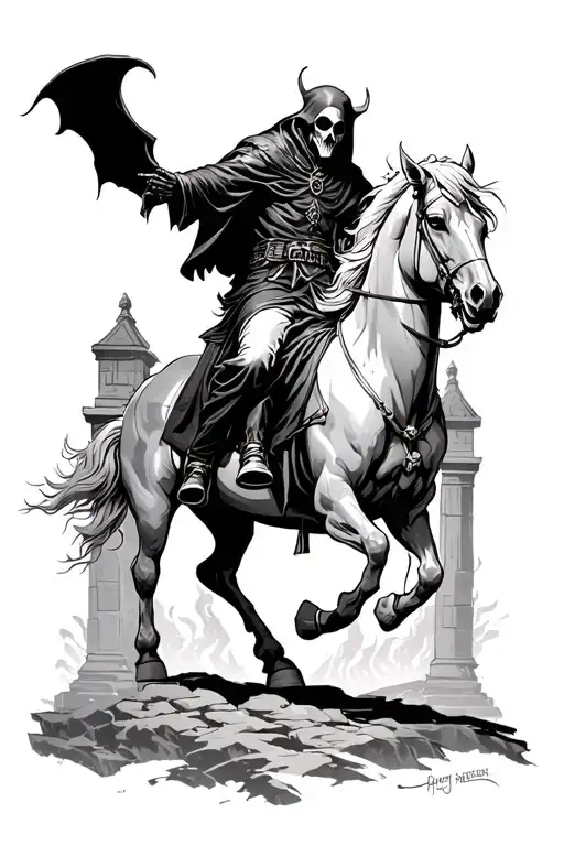 A dark reaper riding on a demonic horse. In the background of the gate of hell and fits, a lot of contrast and light tattoo design idea