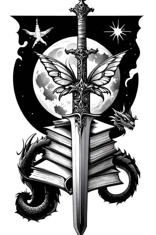 A sword tattoo with books through the blade, a fairy on top of the sword and a dragon wrapped around. Moon and starts wi tattoo design idea