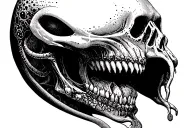 Alien Romulis elongated skull with an open mouth with fangs in saliva tattoo design idea