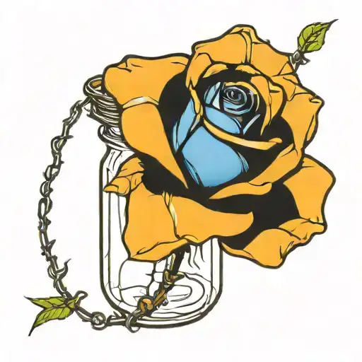 a mason jar holding a blue rose wrapped in barbed wire tattoo design idea