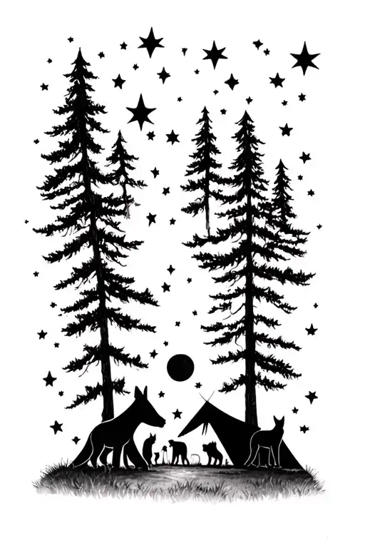 A heartfelt tattoo of a family of animals camping under the stars, symbolizing love and togetherness tattoo design idea