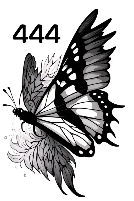 one butterfly with 444 number above it with angel wings with its feathers falling off tattoo design idea