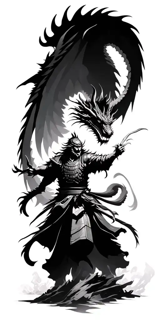 Samurai who fights a dragon flying tattoo design idea