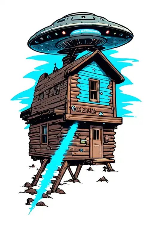 middle ufo with blue beam over cabin  tattoo design idea