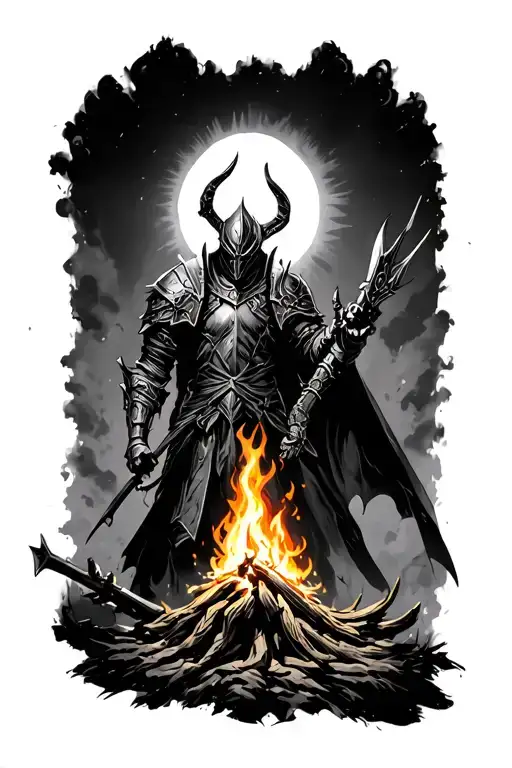 artorias dark souls and solaire of Astora praising the sun, a bonfire in the middle and "Don't you dare go hollow" tattoo design idea