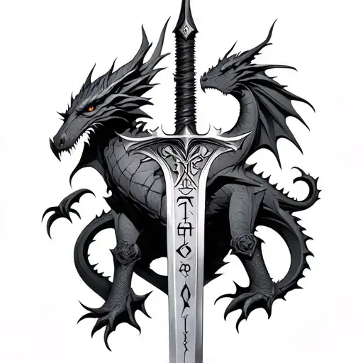 An elven sword with runes engraved on its blade. The sword is in front of a dragon tattoo design idea