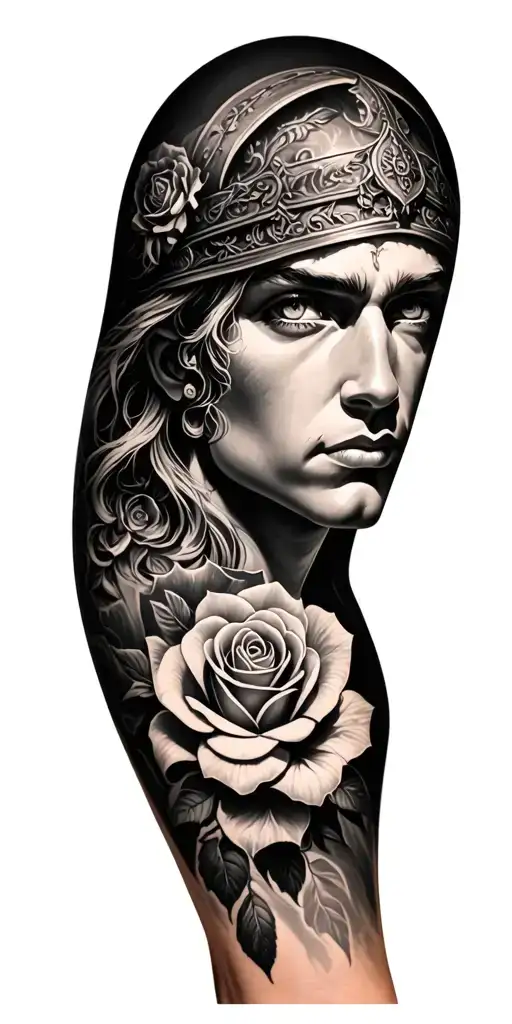 Saint Florian realistic upper arm eye with roses fore arm tattoo design idea