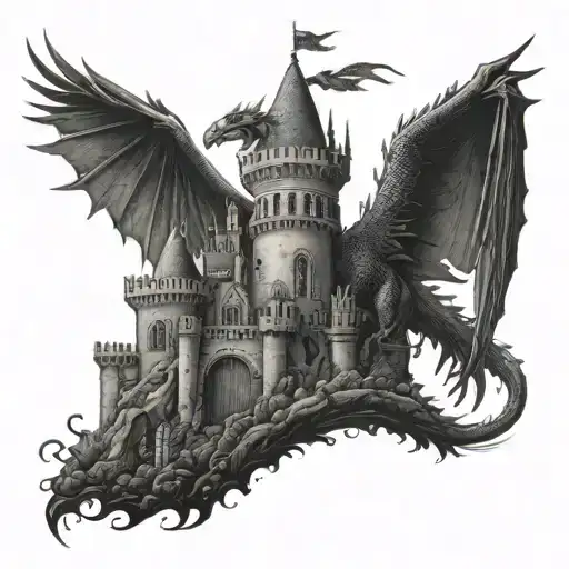 A fantasy castle with a dragon flying overhead and a phoenix perched on a turret tattoo design idea