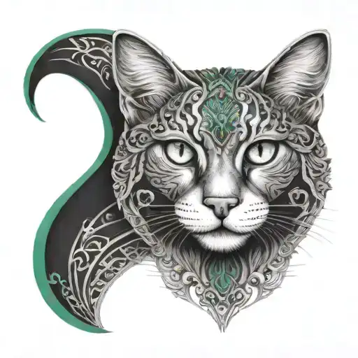 Black and white, fierce Cat  with eyes like Emerald, a Symbol of Taurus and a symbol of a snake, moon and sun tattoo design idea