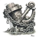 anchor with breaking chains, monument of the steelworker from Mariupol city, splashes of the sea  tattoo design idea