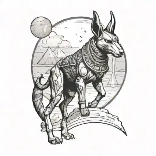 Anubis standing outside the pyramids and looking at a full moon tattoo design idea