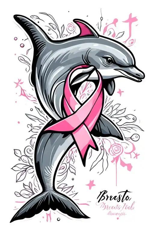 dolphin jumping through a breast cancer awareness ribbon tattoo design idea