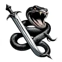 A snake wrapping a sword or a blade. The snake is depicted with an open mouth, demonstrating fangs. tattoo design idea