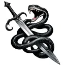 A snake wrapping a sword or a blade. The snake is depicted with an open mouth, demonstrating fangs. tattoo design idea