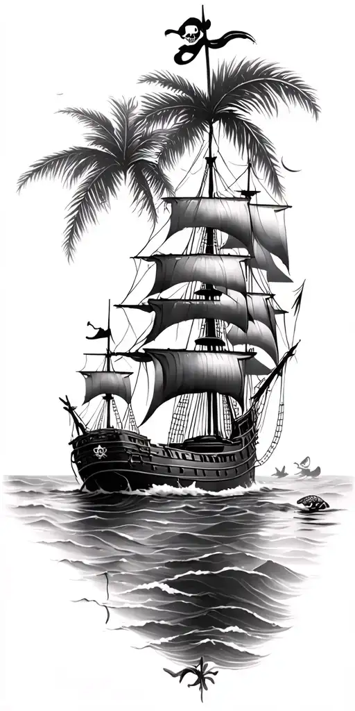 tropical background with ocean and pirate ships also showing sunken treasure and aquatic life and less realistic tattoo design idea