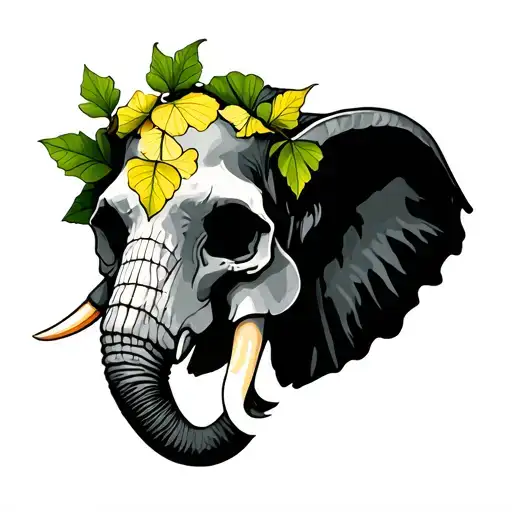 elephant skull with Gingko biloba leaves falling tattoo design idea