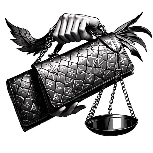 Louis Vuitton hand bag held by scales of justice lady tattoo design idea