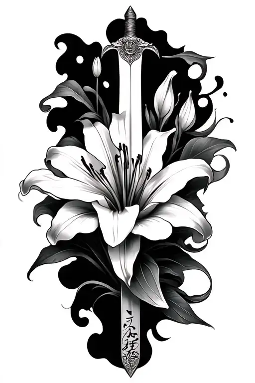 tiger lily and Chinese sword smoke tattoo design idea