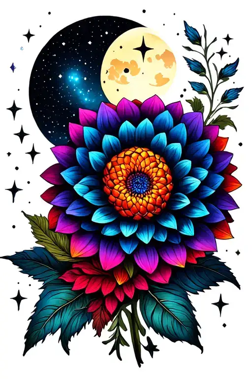 colorful dahlia mandala design featuring stars and moon tattoo design idea