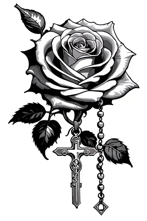rosary coming out of rose  tattoo design idea