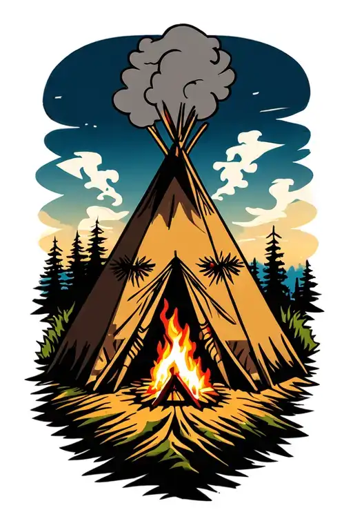 indian teepee, fire place inside, smoke coming from the top of the teepee, surrounded by wilderness tattoo design idea