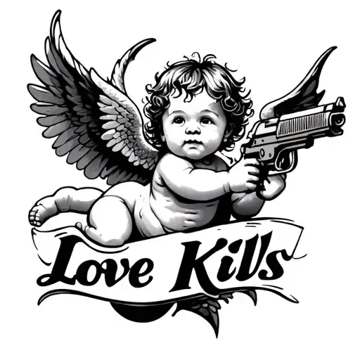 cupid baby holding a draco gun and the word in big text "Love Kills" and make cupid in the air uising his wings tattoo design idea