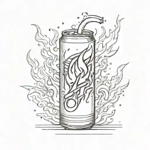 energy drink can with flames drawn on it, the can is standing upright tattoo design idea