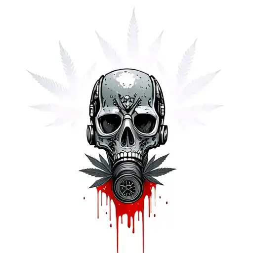 composition,robot skull with gas mask,marijuana leaves in the background,dripping blood tattoo design idea