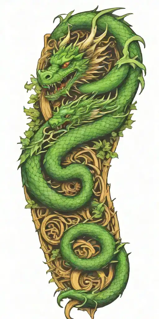 dragon intertwined with elements of wood, forest and nature tattoo design idea