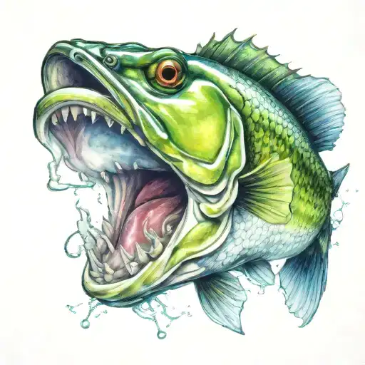 blue and green bass fish with hook and lure in mouth tattoo design idea