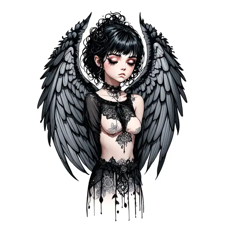 Sad dark pixie, black hair sad pose, beautiful attire and lacy wings tattoo design idea