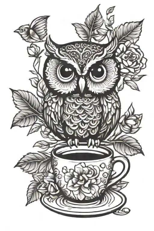 cute owl, coffee cup, tree, flowers tattoo design idea